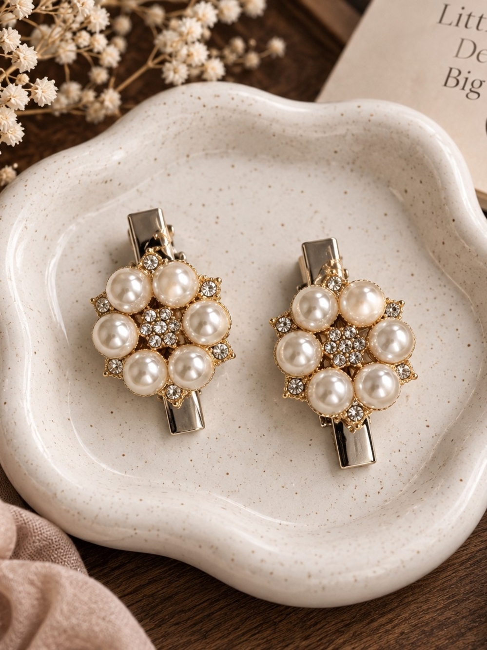 Vintage Pearl Cluster Rhinestine Gold & Silver Hair Clips - New